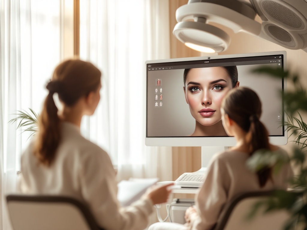 A modern plastic surgery clinic with a 3D body imaging screen used for surgical planning