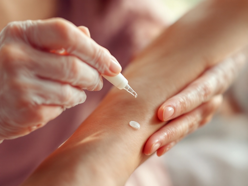 Close up of a person applying silicone scar gel to healthy skin on the forearm