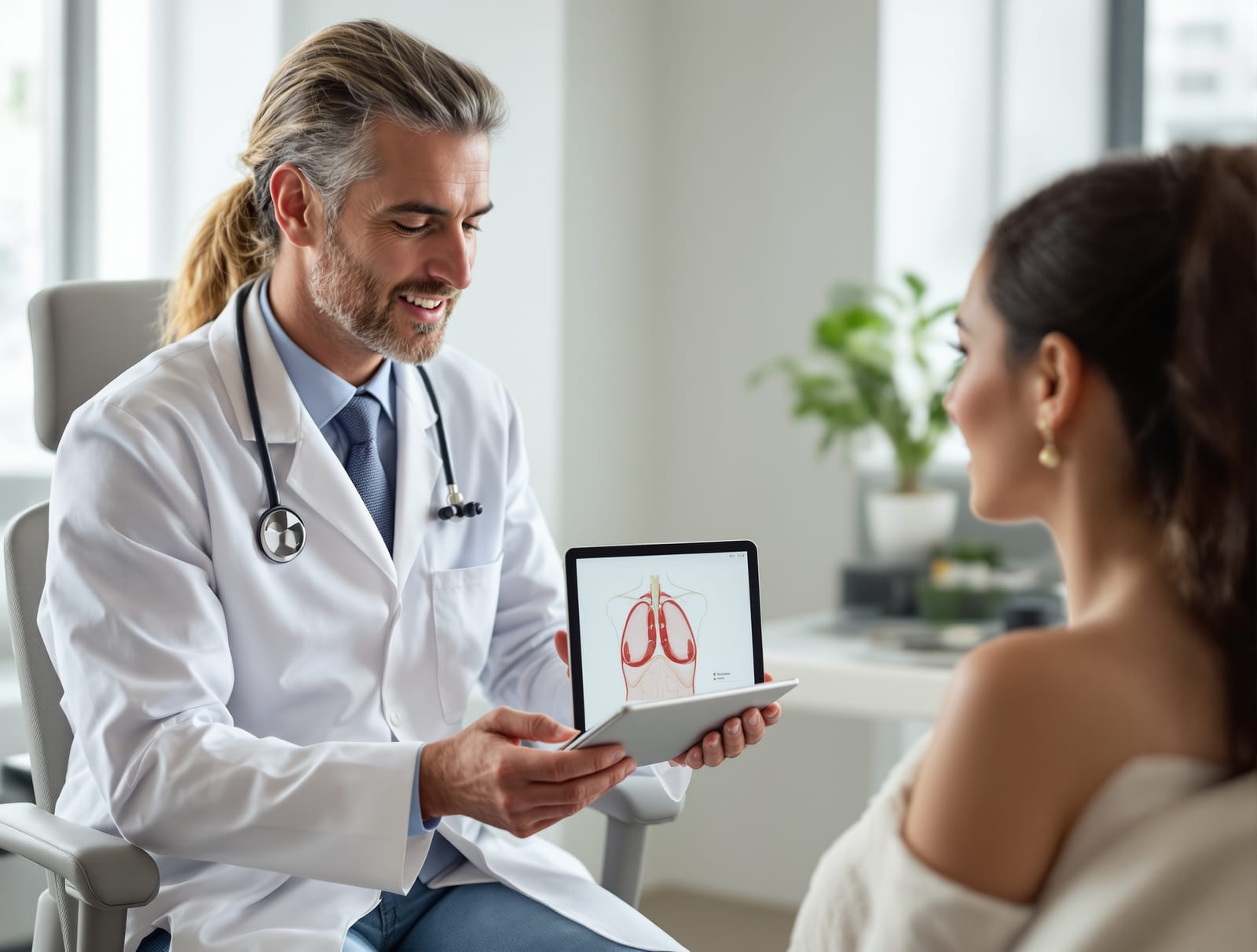A plastic surgeon showing a female patient an anatomical breast diagram on a tablet during a consultation