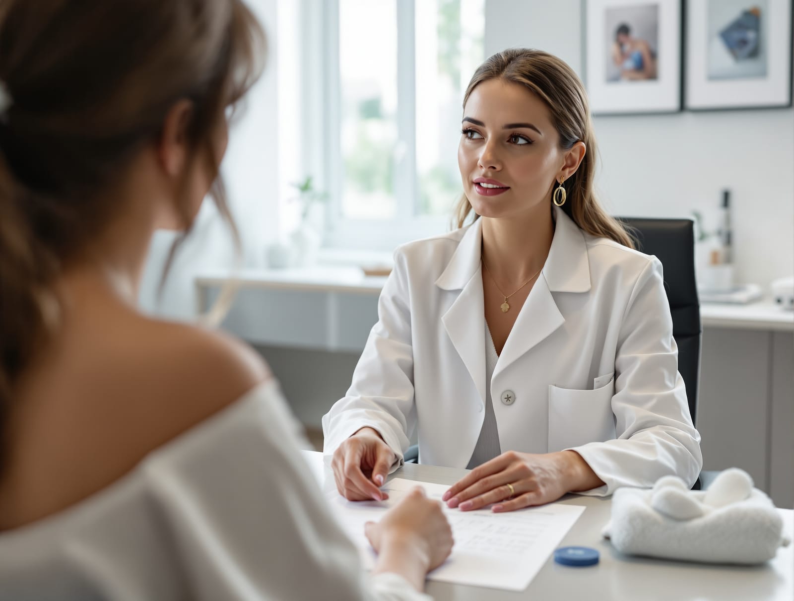 A plastic surgeon in a consultation office explaining explant surgery to a patient with an implant sample and chart on the desk