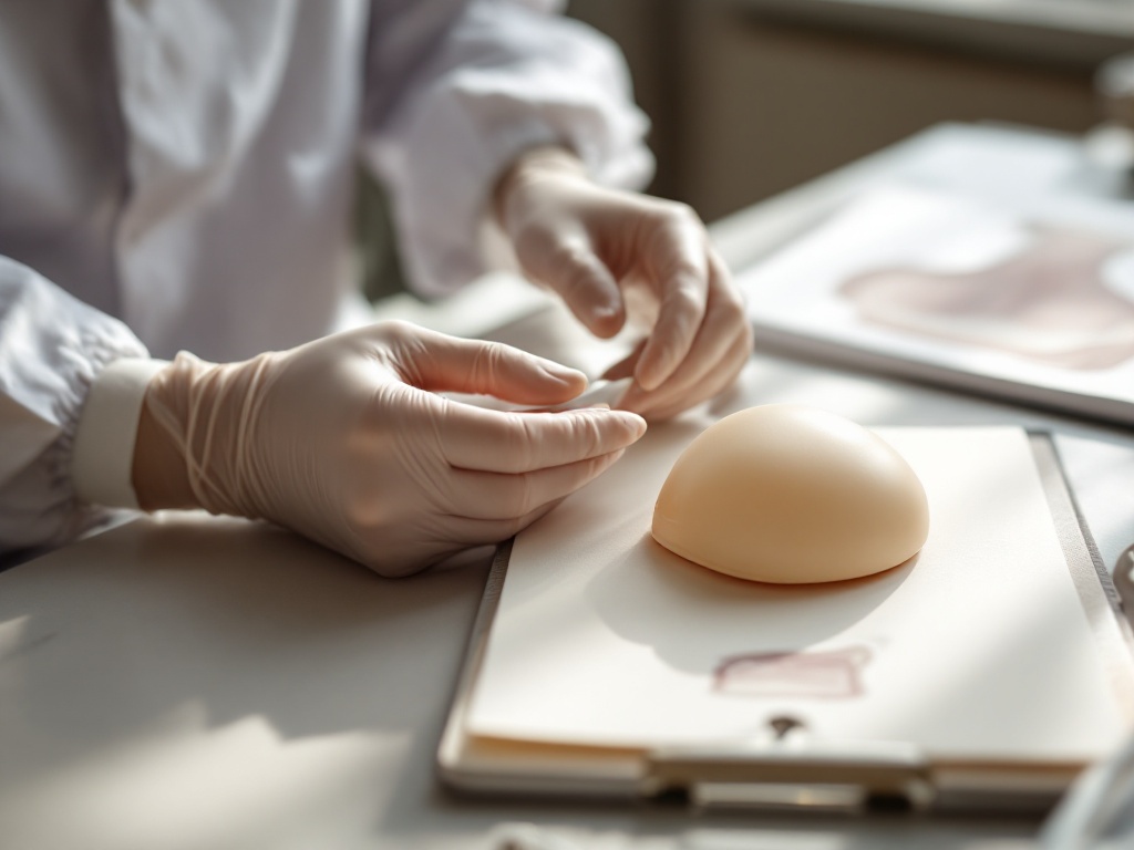A surgeon's gloved hands examining a breast implant model beside a scar tissue diagram