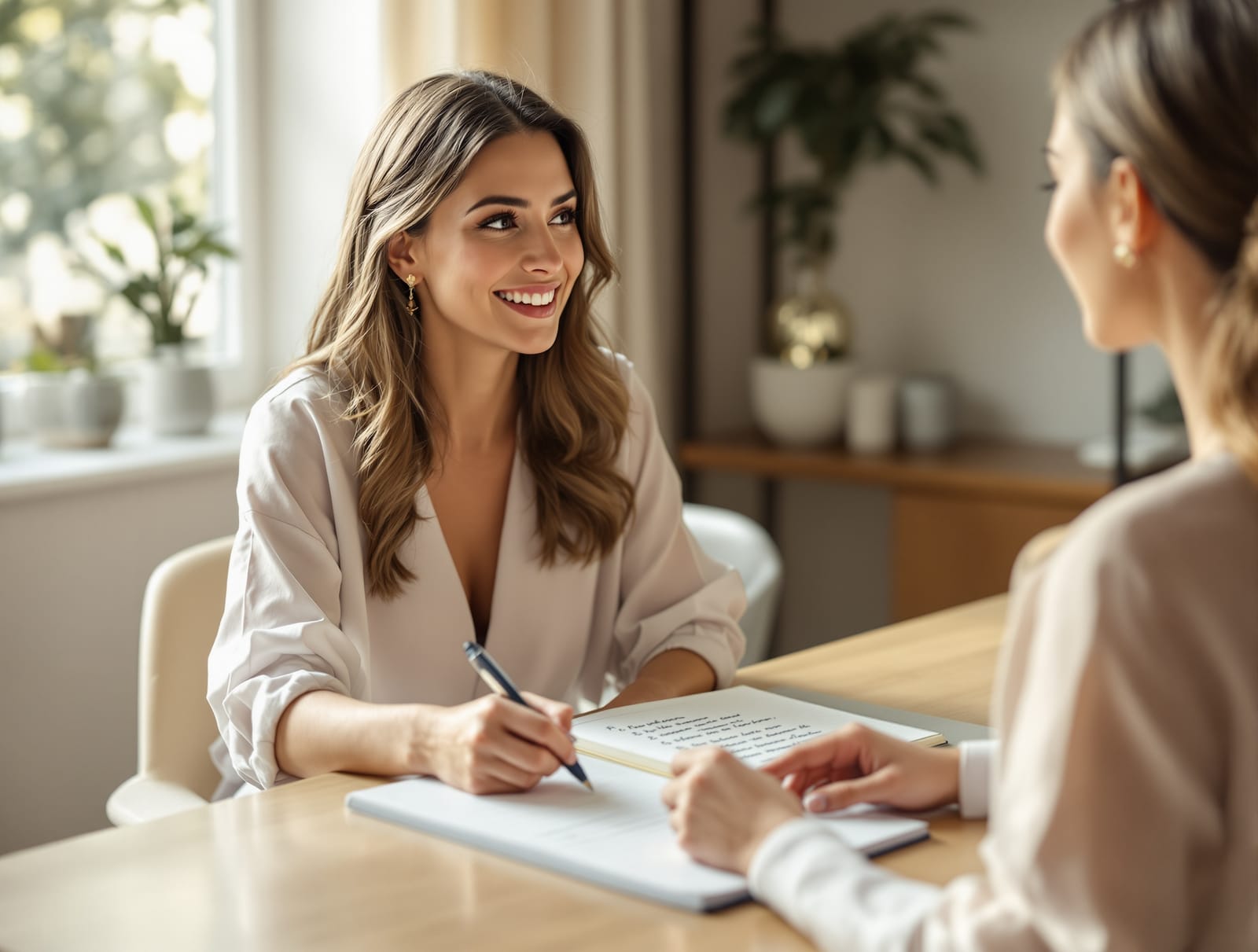 A woman meeting a female plastic surgeon across a desk in a calm consultation office with an open notebook of questions