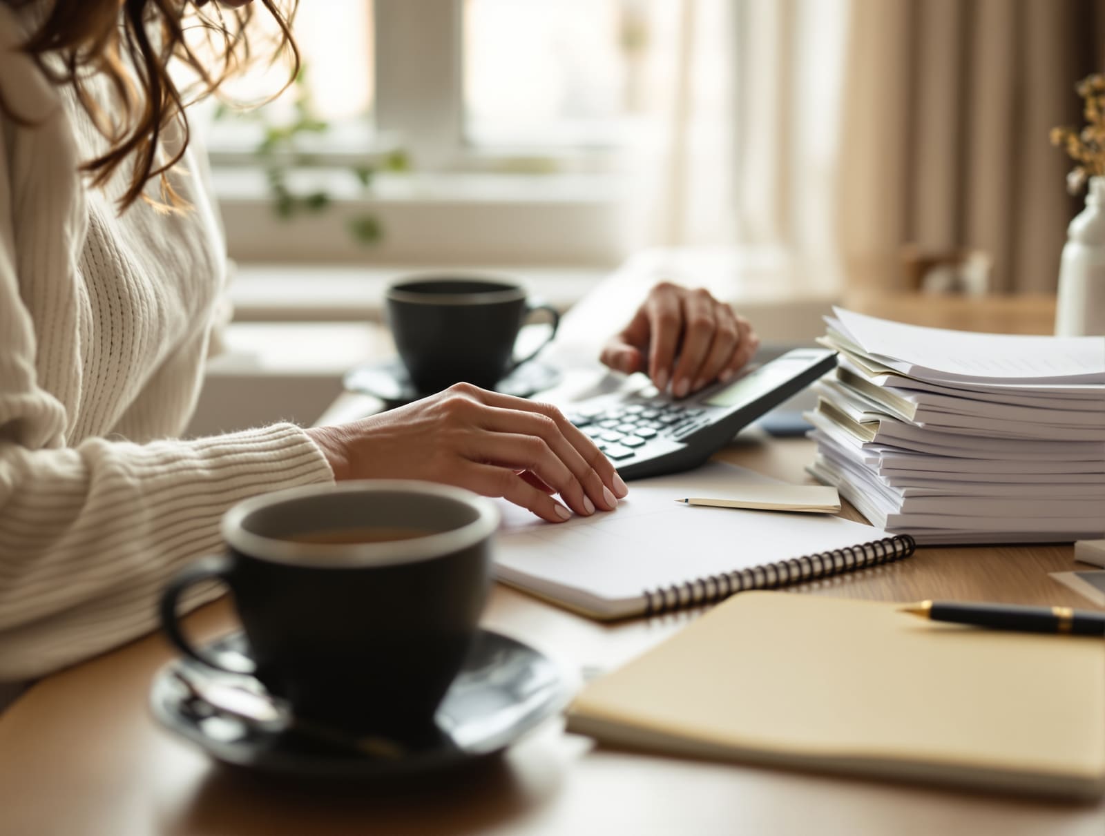 A woman at a home desk working through surgery cost paperwork with a calculator, notebook, and a cup of coffee